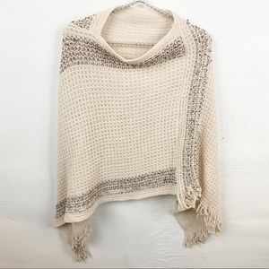 Wool Blend Cream Knit Poncho Shawl